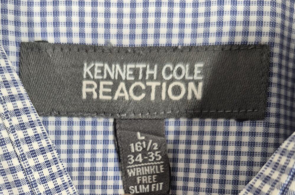 Kenneth Cole Reaction Mens Large 16.5 34/35 Slim Fit Blue White Check Dress Shir